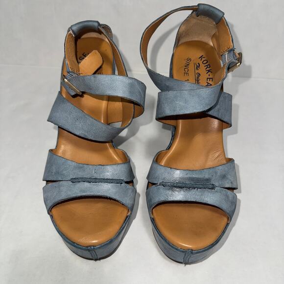 Kork-Ease Blue Gracen Leather Size 6 Wedge Platform Sandals Casual Chic Classic - Picture 1 of 10
